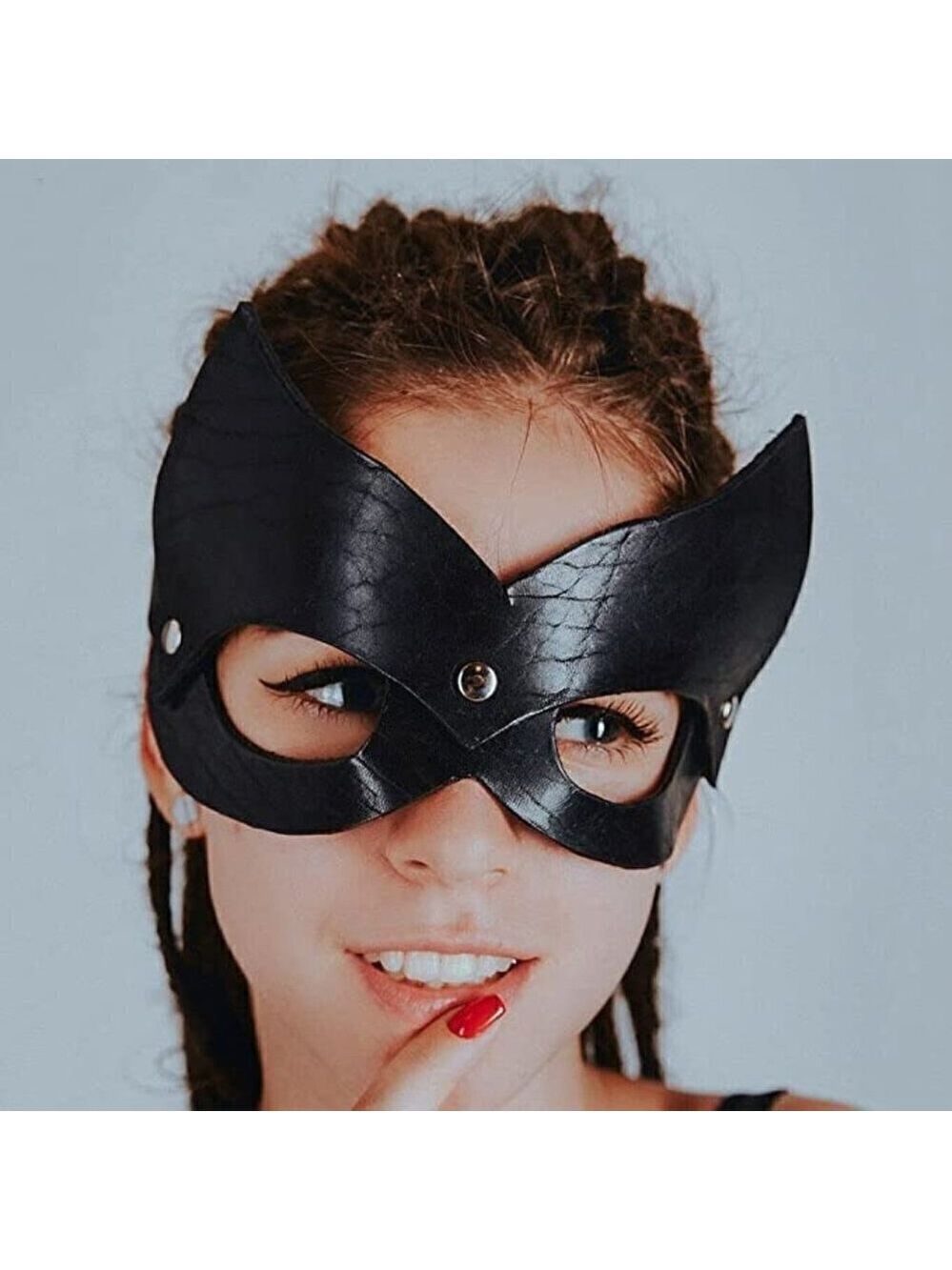 𝅺BLACK Leather Kitty Cat Masquerade Face Mask Slave Bondage BDSM Costume Cosplay